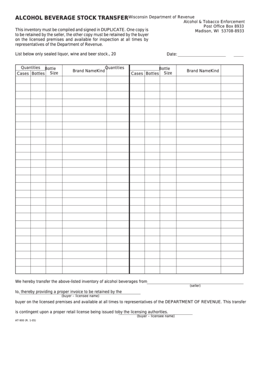 Form At-900 - Alcohol Beverage Stock Transfer - Wisconsin Department Of Revenue Printable pdf