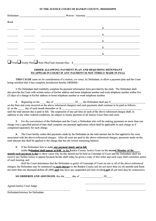 Payment Plan - Justice Court Of Rankin County Printable pdf