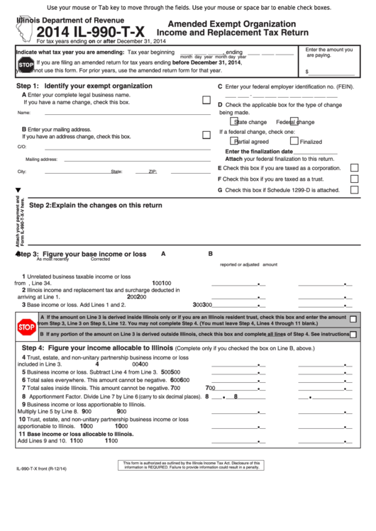 Fillable Form Il-990-T-X - Amended Exempt Organization Income And Replacement Tax Return - 2014 Printable pdf