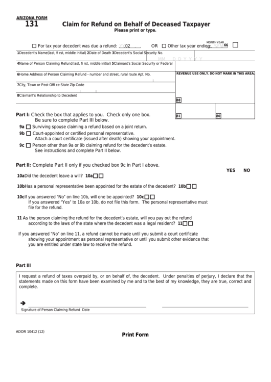 Fillable Form 131 - Claim For Refund On Behalf Of Deceased Taxpayer Printable pdf