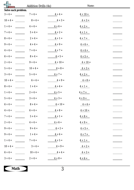 Addition Drills (4s) - Addition Worksheet With Answers Printable pdf