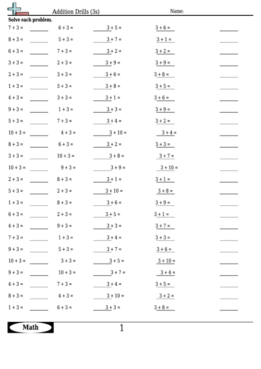 Addition Drills (3s) Addition Worksheet With Answers printable pdf