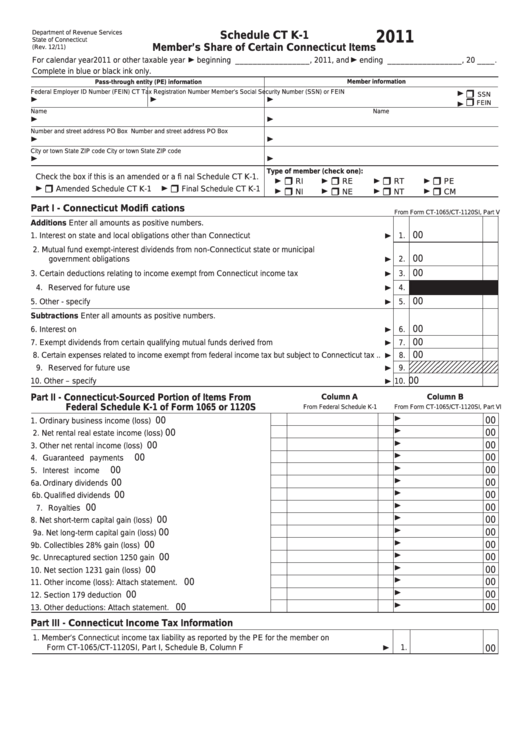 Schedule Ct K-1 - Member'S Share Of Certain Connecticut Items - 2011 ...