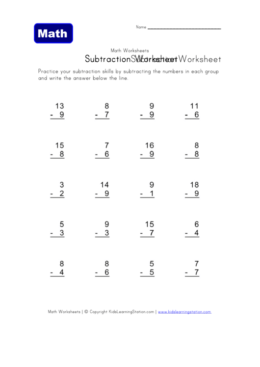 Subtraction Worksheet Printable pdf