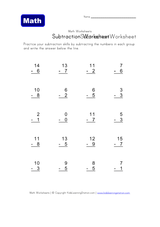 Subtraction Worksheet Printable pdf