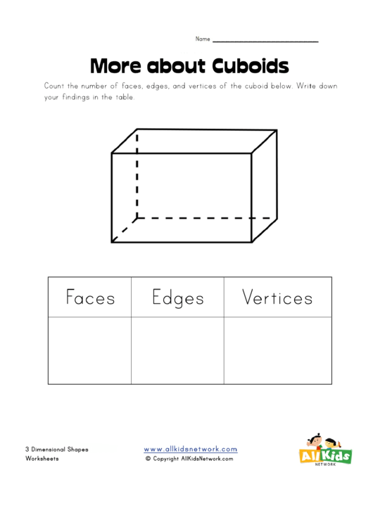 3 Dimensional Shapes Worksheet - Cuboid Printable pdf