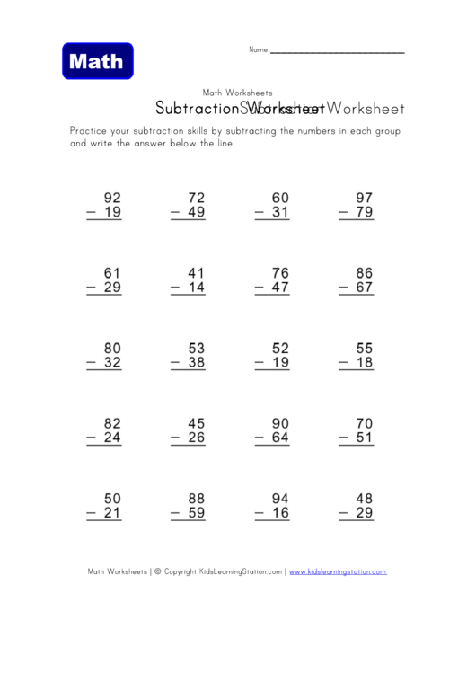 Subtraction Math Worksheet Printable pdf