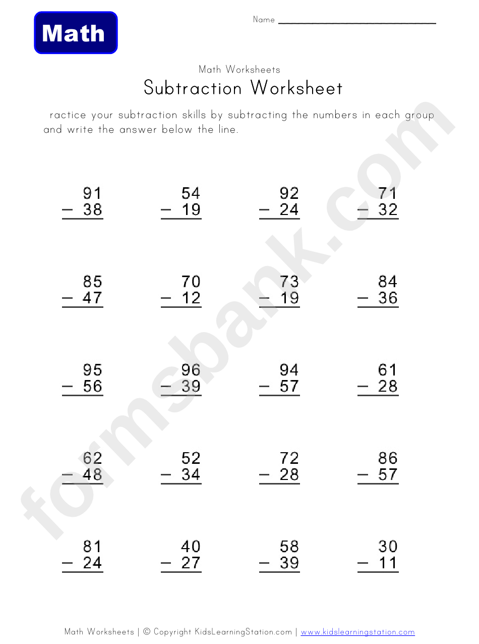 Subtraction Math Worksheet