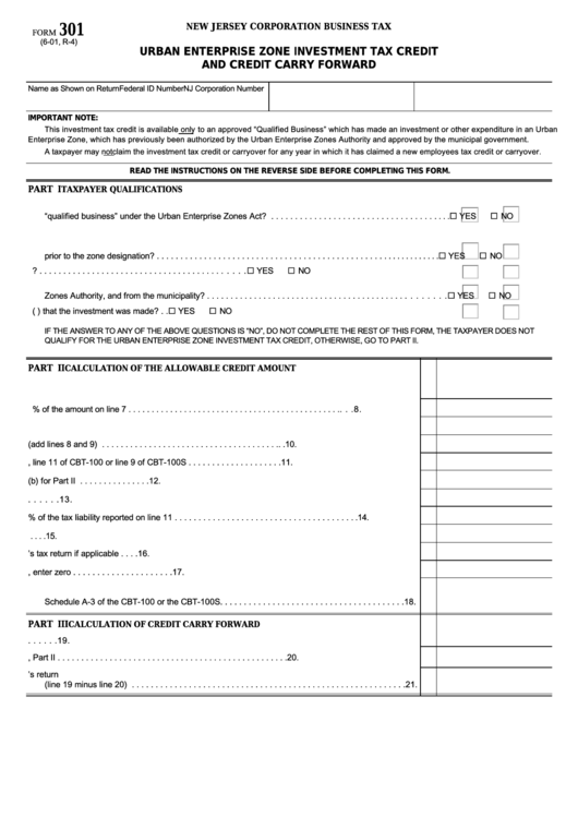 Form 301 - Urban Enterprise Zone Investment Tax Credit And Credit Carry Forward Printable pdf