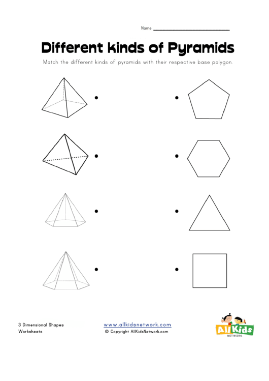 Different Kinds Of Pyramids - 3 Dimensional Shapes Worksheet Printable pdf