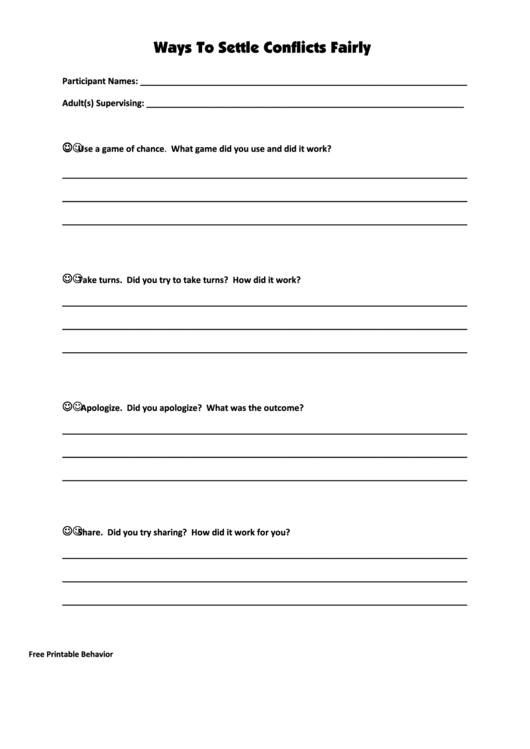 Ways To Settle Conflicts Fairly Worksheet Template Printable pdf