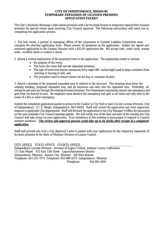 Application For Temporary Expansion Of Licensed Premises - City Of Independence License Division Printable pdf