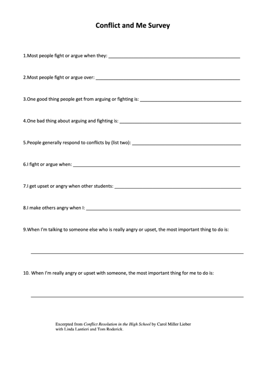Conflict And Me Survey Worksheet Template Printable pdf