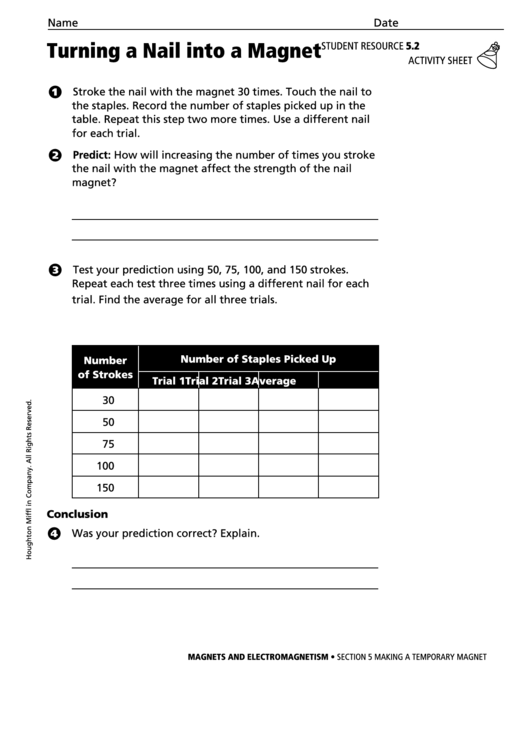 Turning A Nail Into A Magnet Physics Worksheet Printable pdf