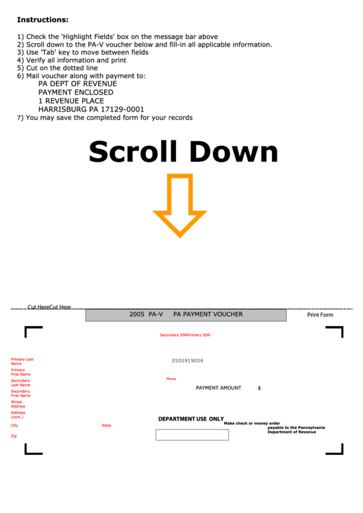 Fillable Form Pa-V - Pa Payment Voucher - 2005 Printable pdf