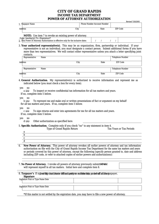 Power Of Attorney Authorization - City Of Grand Rapids Printable pdf