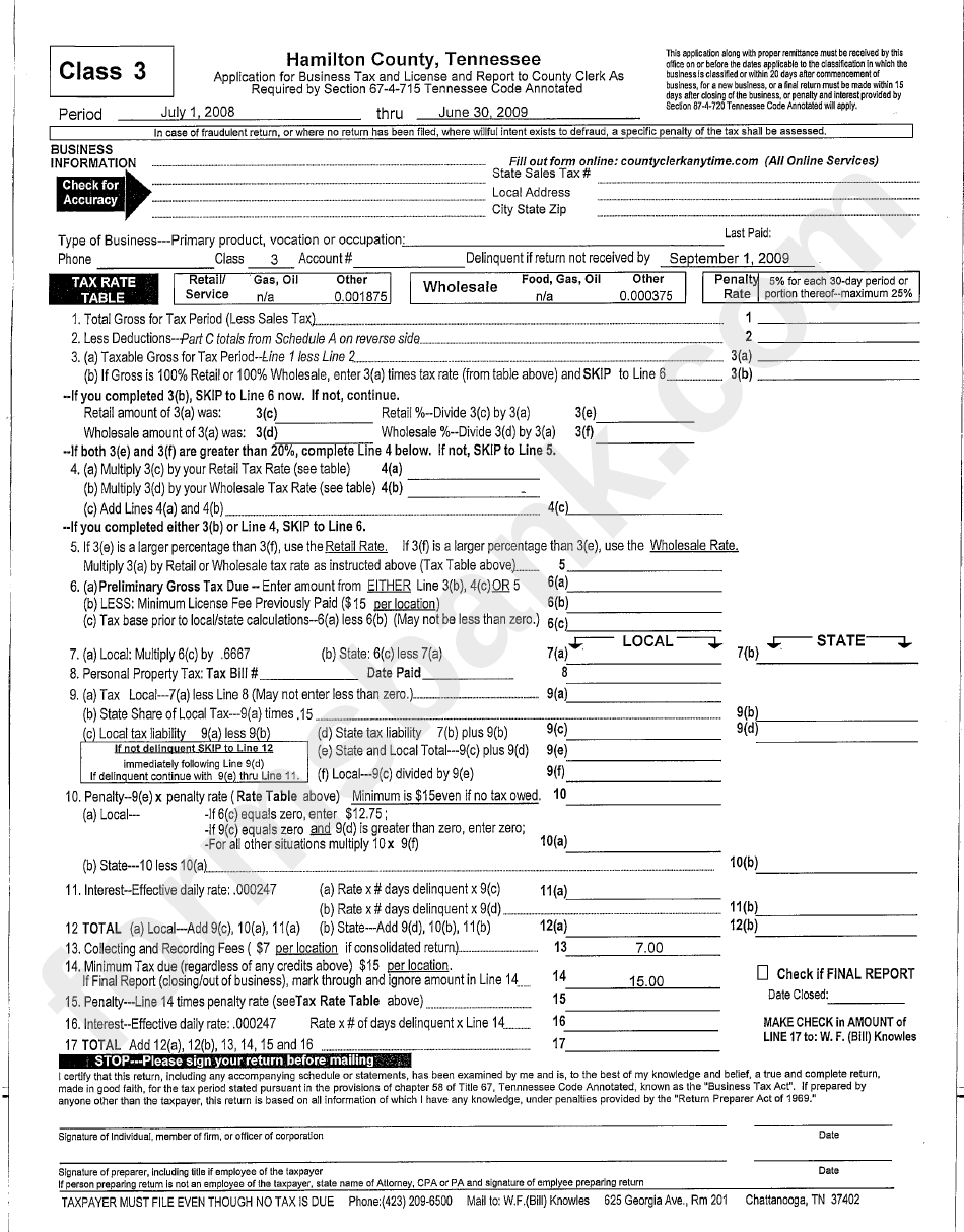 Application For Business Tax And License And Report To County Clerk As Required By Section 67-4-715 Tennessee Code Annotated - 2008