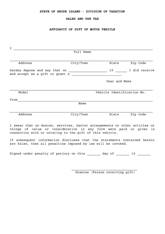 Affidavit Of Gift Of Motor Vehicle Printable pdf