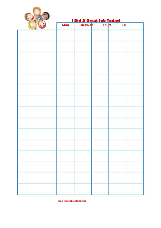 Fillable I Did A Great Job Today Behavior Chart Printable pdf