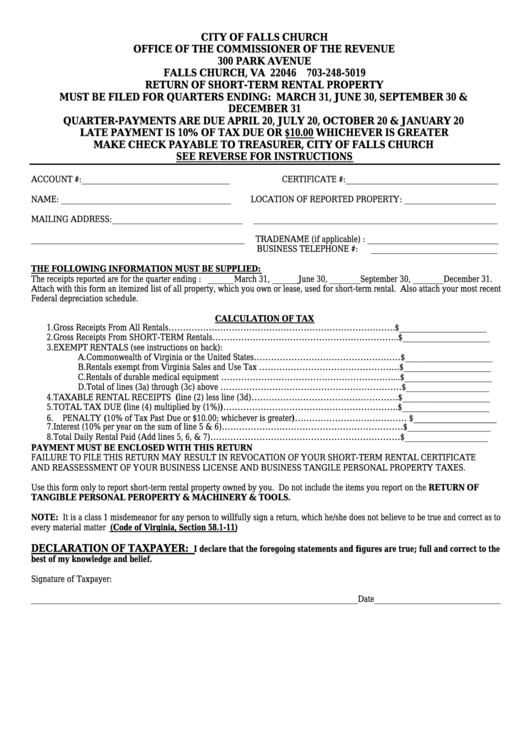 Form Return Of Short-Term Rental Property - City Of Falls Church Printable pdf