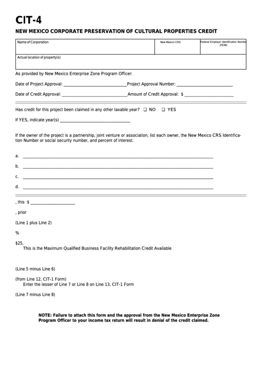 Fillable Form Cit-4 - New Mexico Corporate Preservation Of Cultural Properties Credit Printable pdf