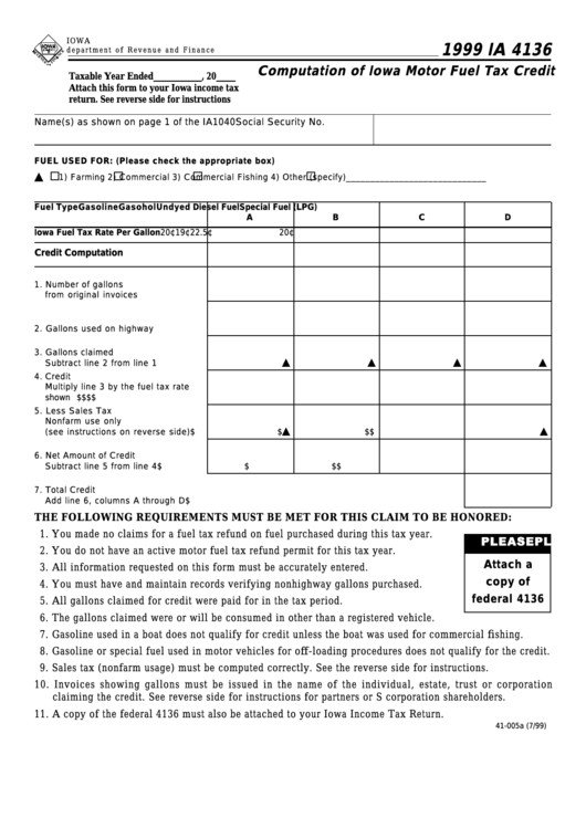 Form Ia 4136 - Computation Of Iowa Motor Fuel Tax Credit - 1999 Printable pdf