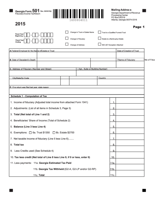 Fillable Georgia Form 501 - Fiduciary Income Tax Return - 2015 Printable pdf