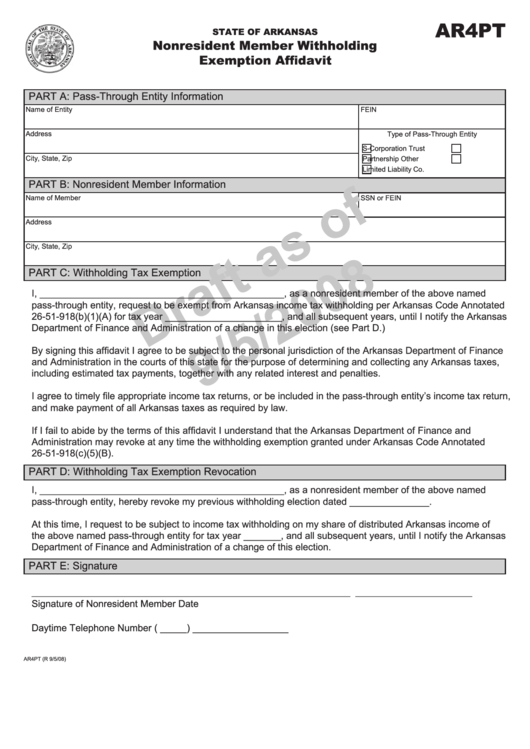 Form Ar4pt Draft - Nonresident Member Withholding Exemption Affidavit - 2008 Printable pdf