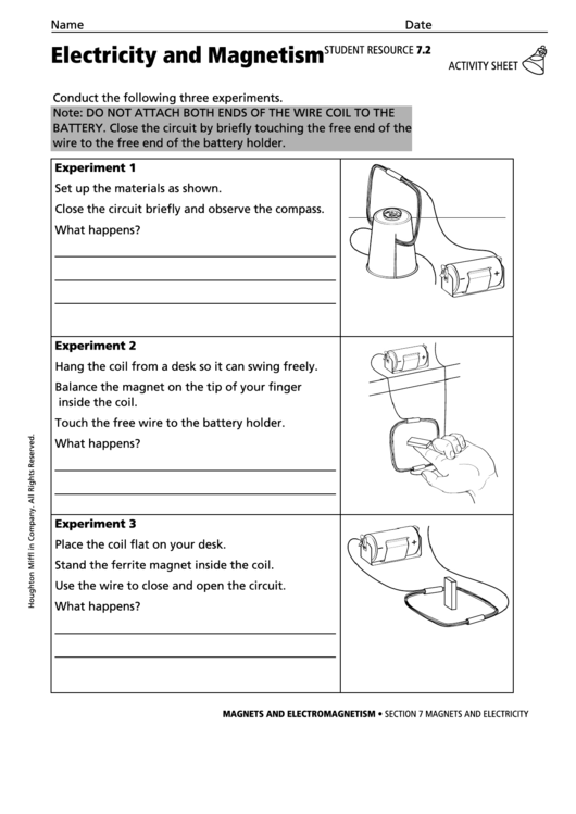 Electricity And Magnetism Physics Worksheet Printable pdf