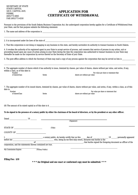 Application For Certificate Of Withdrawal Printable pdf