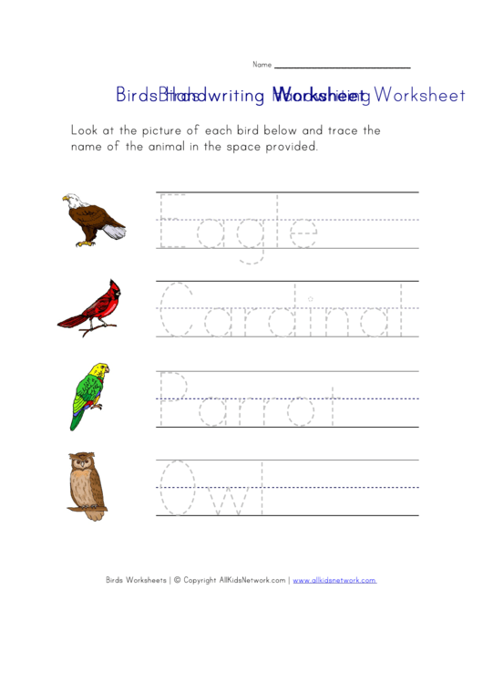 Birds Handwriting Worksheet Printable pdf