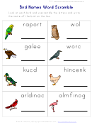 Bird Names Word Scramble Worksheet