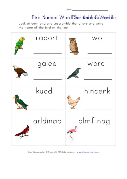 Bird Names Word Scramble Worksheet Printable pdf