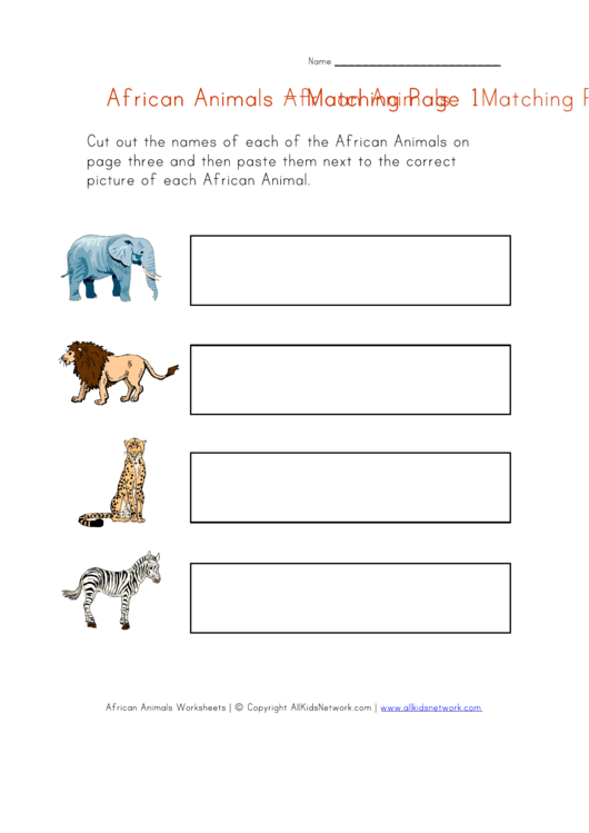 African Animals Matching Worksheet Printable pdf