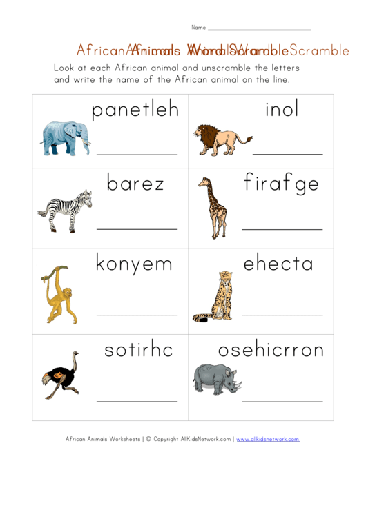 African Animals Word Scramble Worksheet Printable pdf