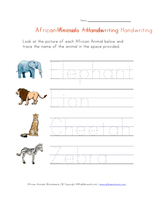 African Animals Handwriting Worksheet