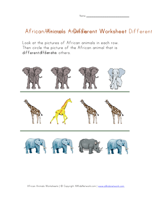 African Animals - Different Worksheet Printable pdf