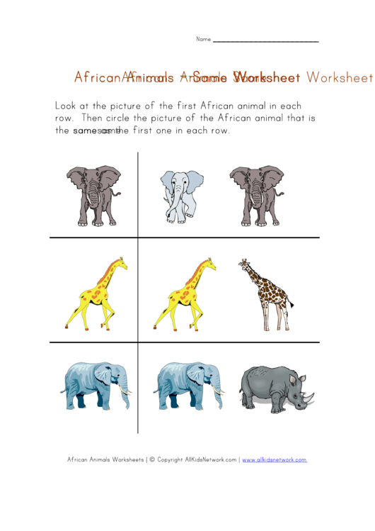 African Animals - Same Worksheet Printable pdf