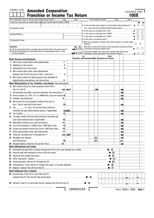 California Form 100x - Amended Corporation Franchise Or Income Tax Return - 2003 Printable pdf