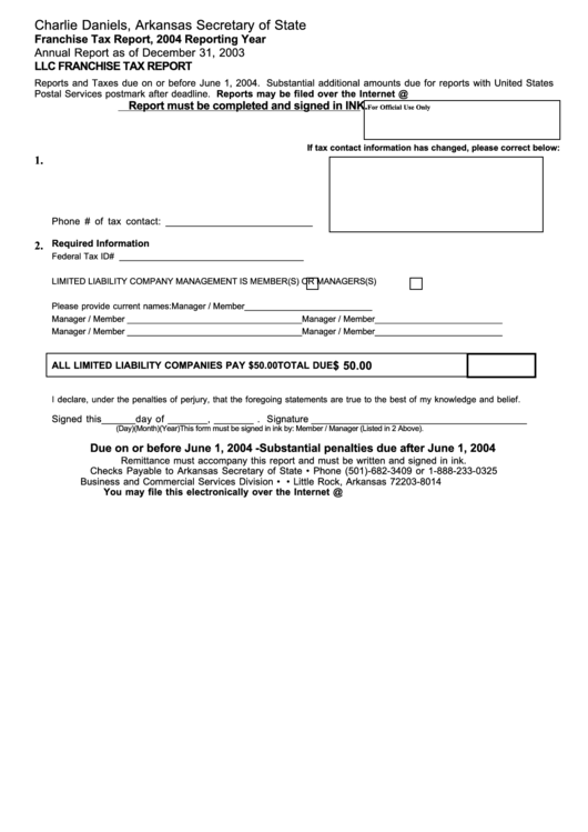 Llc Franchise Tax Report - Arkansas Secretary Of State - 2004 Printable pdf