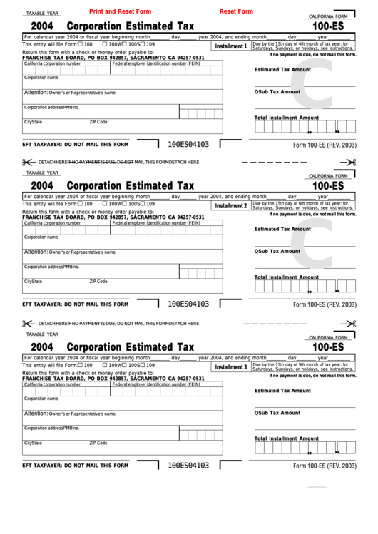 Fillable California Form 100-Es - Corporation Estimated Tax - 2004 Printable pdf