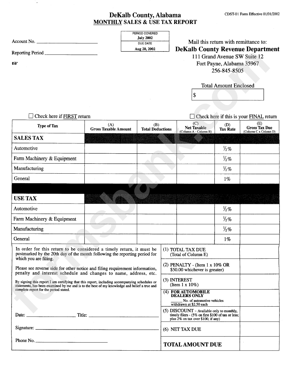 Form Cdst-01 - Monthly Sales & Use Tax Report - Dekalb County, Alabama