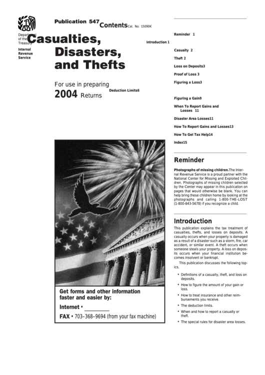 Publication 547 - Casualties, Disasters, And Thefts - Department Of Treasury - 2004 Printable pdf