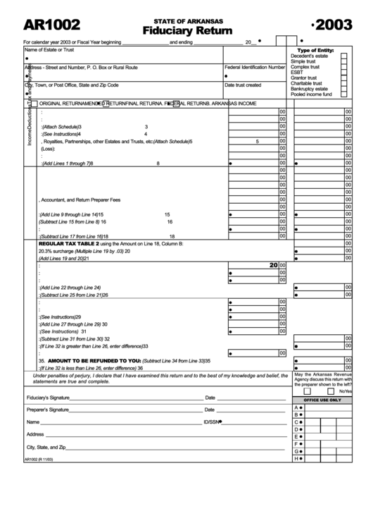 Form Ar1002 - Fiduciary Return - State Of Arkansas - 2003 Printable pdf