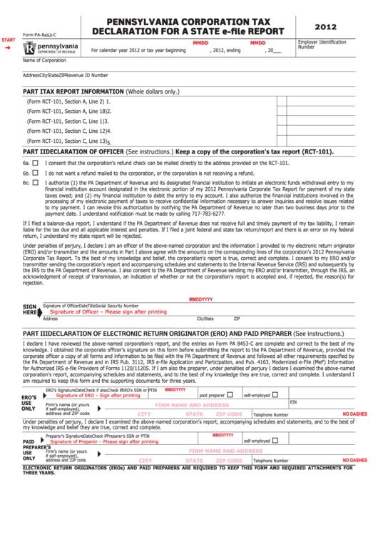 Fillable Form Pa-8453-C - Pennsylvania Corporation Tax Declaration For A State E-File Report - 2012 Printable pdf