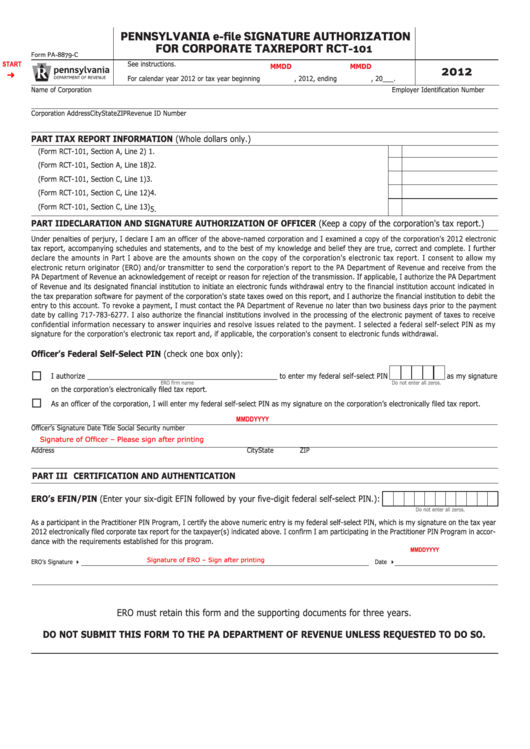 Fillable Form Pa-8879-C - Pennsylvania E-File Signature Authorization For Corporate Tax Report - 2012 Printable pdf