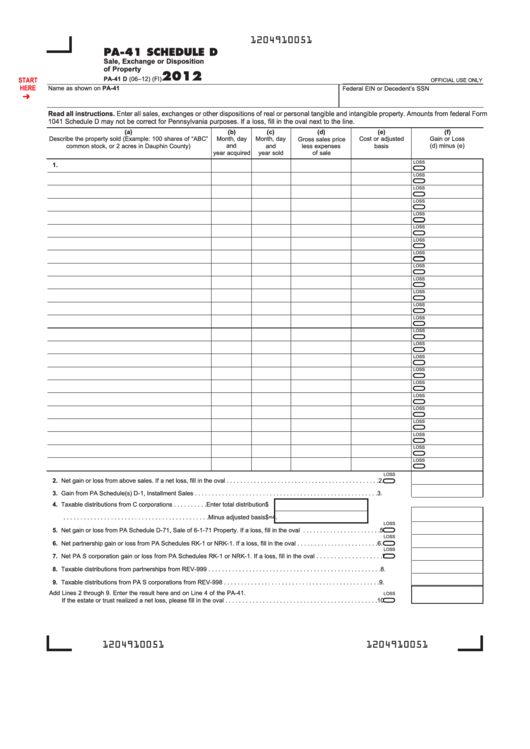Fillable Form Pa-41 D - Pa-41 Schedule D - Sale, Exchange Or Disposition Of Property - 2012 Printable pdf