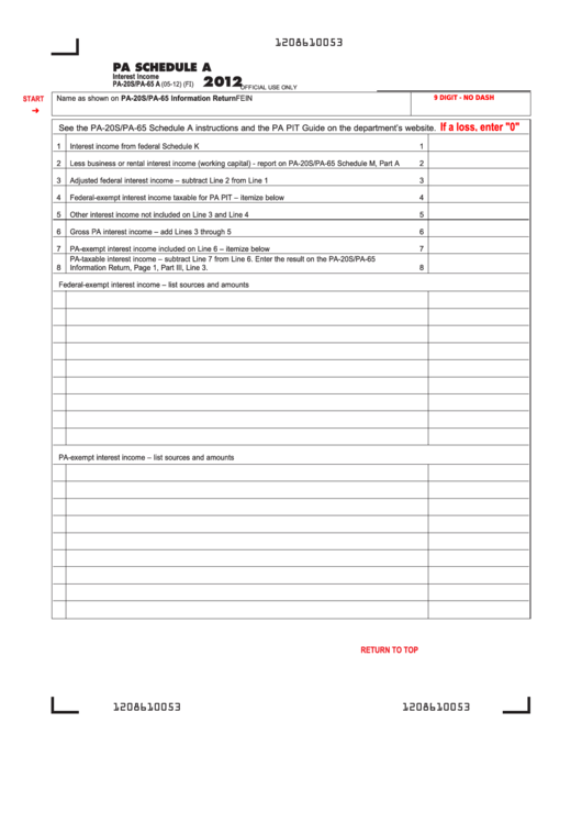 Fillable Form Pa-20s/pa-65 A - Pa Schedule A - Interest Income - 2012 Printable pdf