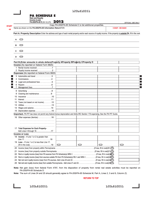 Fillable Form Pa-20s/pa-65 E - Pa Schedule E - Rent And Royalty Income (Loss) - 2012 Printable pdf