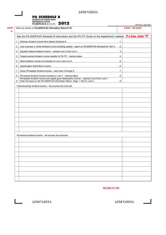 Fillable Form Pa-20s/pa-65 B - Pa Schedule B - Dividend And Capital Gains Distributions Income - 2012 Printable pdf